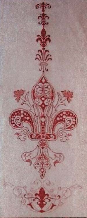 A red and white drawing of a fleur de lis.