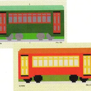 Cross-stitch artwork of a bus